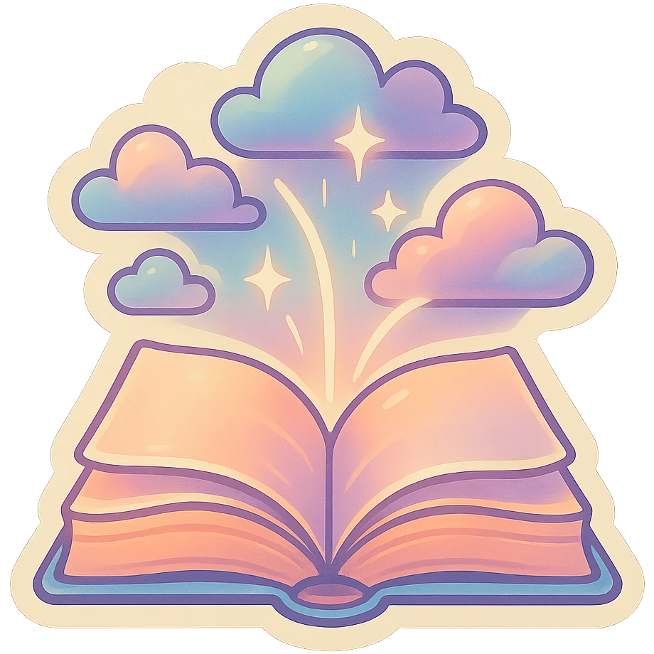 open book with clouds and glowing lines, retro stickers style, pastel palette #98B5BC, #B5B3C1, #C9A3C9, #E4C0CA, #F7DCD1, #F7C0AA, detailed shadows and highlights, soft lighting, transparent background, no decorative elements emoji