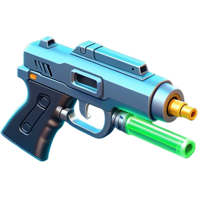 Clash of Clans aesthetic: Cinematic Playful 3D Isometric Laser Gun Emoji, rendered in a 3D vector-style similar to standard emojis with minimal shading and bold, simplified shapes. A compact, distinct form with signature details, softly glowing with a futuristic sci-fi warfare charm. Simplified yet unmistakably iconic, highly detailed and consistent, glowing with a soft radiance and high shine. Stylized with a touch of high-tech brilliance and a soft glowing outline, capturing the essence of a beloved gaming relic with a friendly, playful manner! emoji