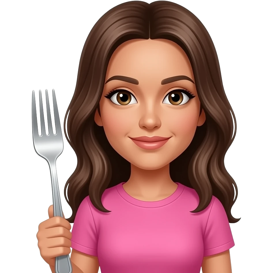 Tia Milena do BBB 26 emoji de camisa rosa pink segurando um garfo gigante emoji