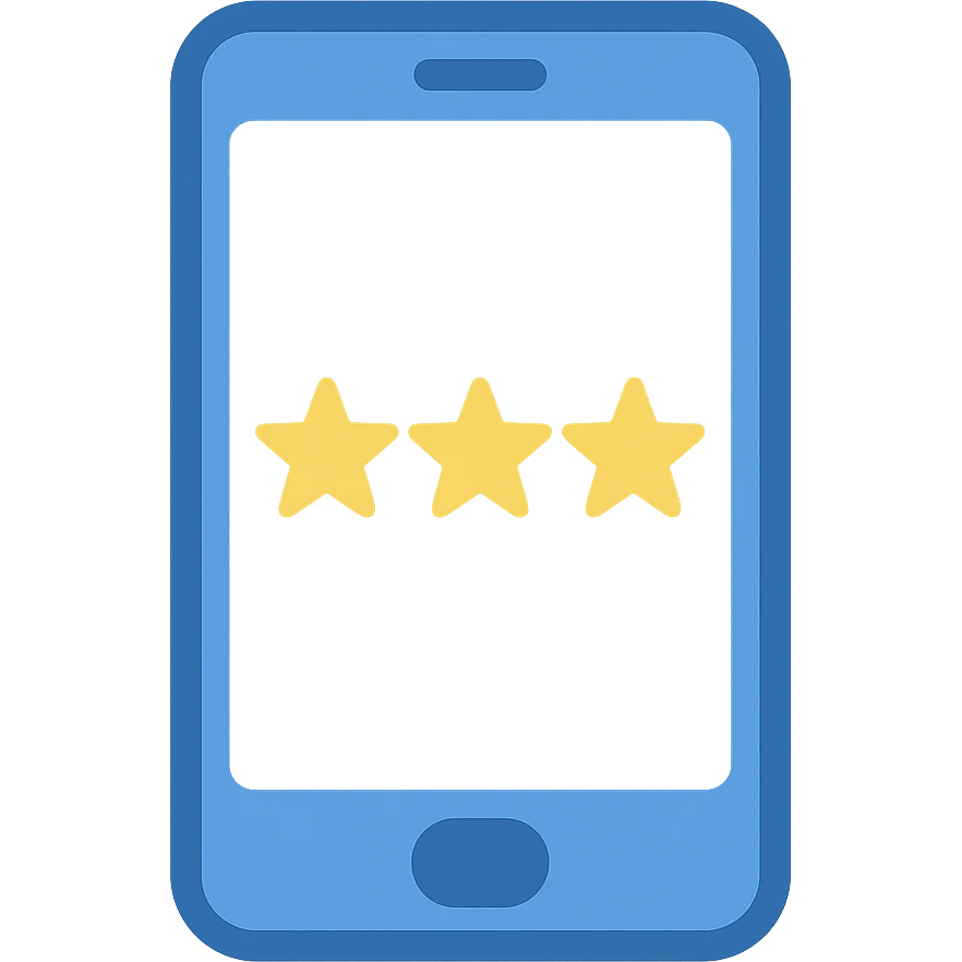 Smartphone icon, flat emoji style, outline with blue and turquoise colors, screen showing three gold/yellow stars aligned in a horizontal row, white background emoji