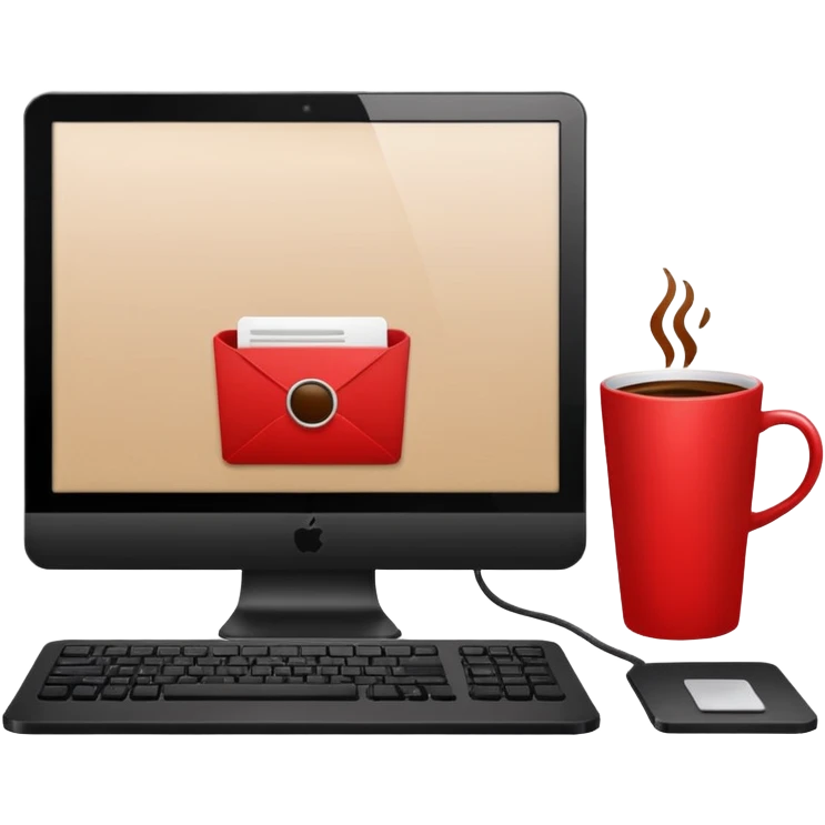 work computer with coffee and red square tag emoji