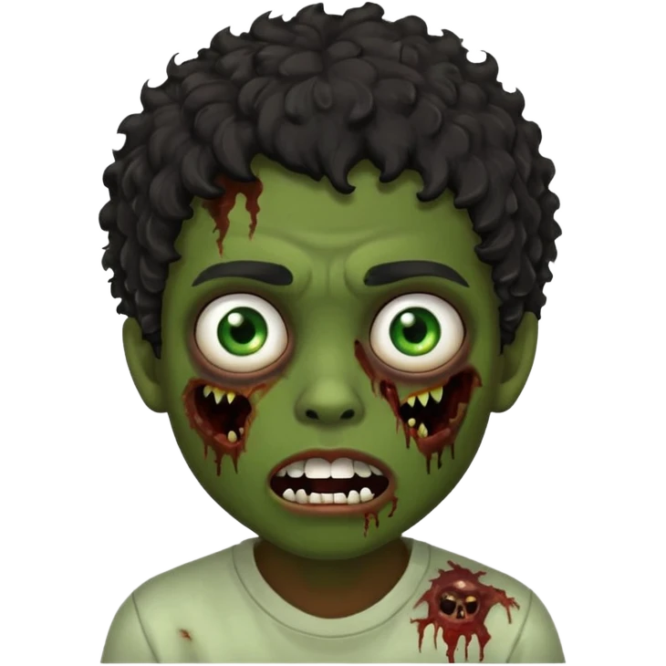 menino com cabelo cacheado preto e olhos marrons, com boca de zumbi emoji
