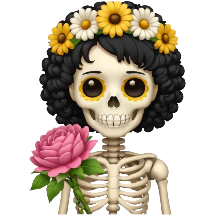 Skeleton with Flower Crown, curley hair black, with flower bouquet emoji