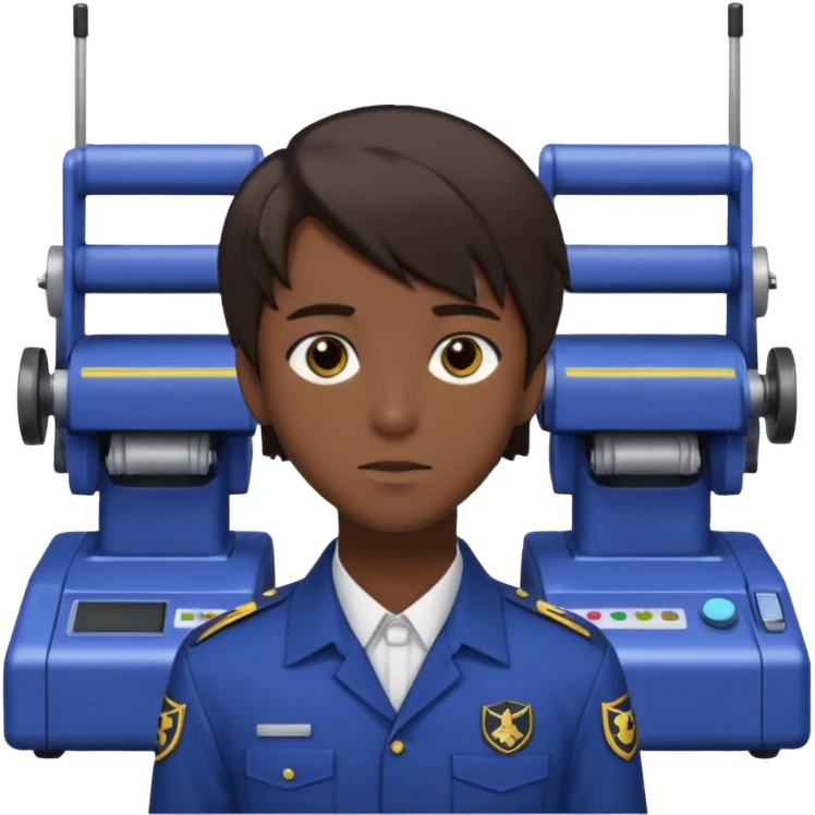 A 20-year-old man with dark brown hair, anime style, dark brown eyes, his hair on the right side is normal and straight, while the left side extends sideways. He is wearing a collared uniform. The background is filled with machines. emoji