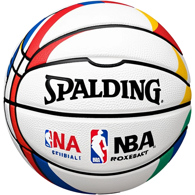 white Spalding basketball with NBA logo, featuring colorful lines on the surface emoji