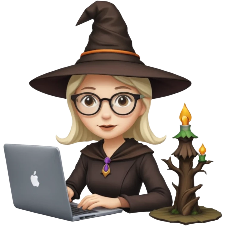 A female video editor wearing glasses, dressed like a witch with a pointed hat, sitting at a laptop editing a video, cinematic lighting, cozy creative studio, professional look, high quality, realistic emoji