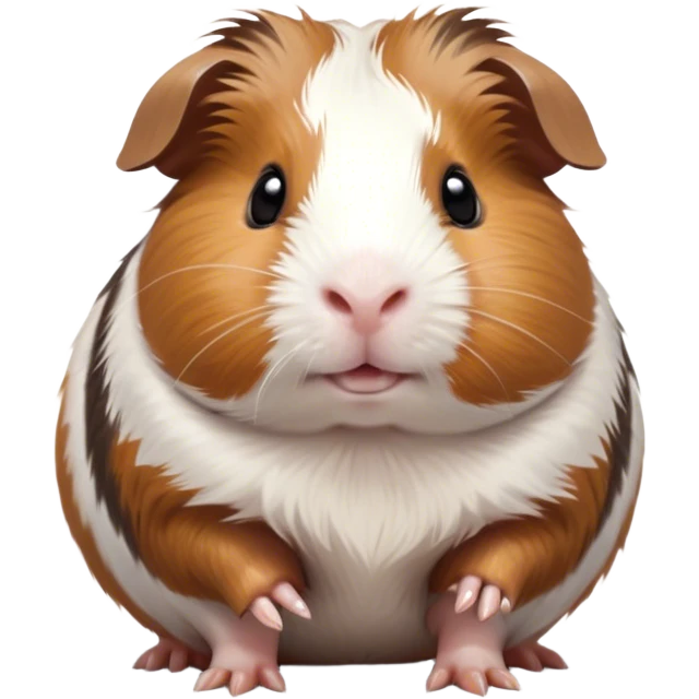 Cinematic Cute Brown and White Banded Guinea Pig Portrait Emoji, Head tilted playfully and inquisitively, showcasing a fluffy coat with playful brown and white banded patterns, round, sparkling dark eyes filled with curiosity, Simplified yet irresistibly adorable features, highly detailed, glowing with a warm, friendly glow, high shine, affectionate and spirited, stylized with a touch of whimsy, bright and endearing, soft glowing outline, capturing the essence of a mischievous yet loving guinea pig, so playful it feels like it could dash out of the screen and into your arms! emoji