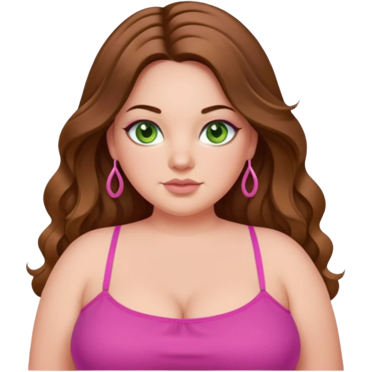Baddie bratz girl with middle parted long wavy brown hair. green eyes. Plus size. pink spaghetti strap top. emoji
