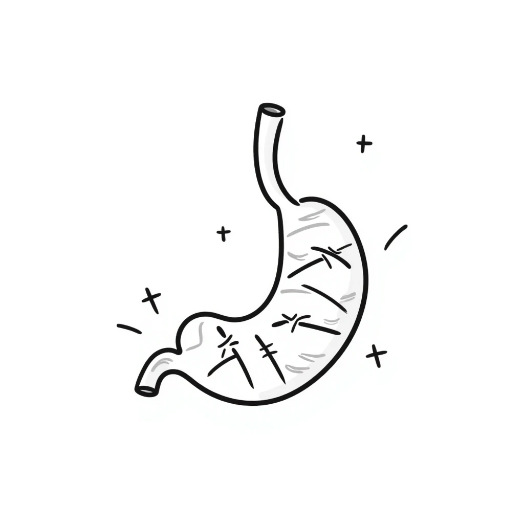 Hand-drawn stomach organ being mended with stitches and healing symbols emoji