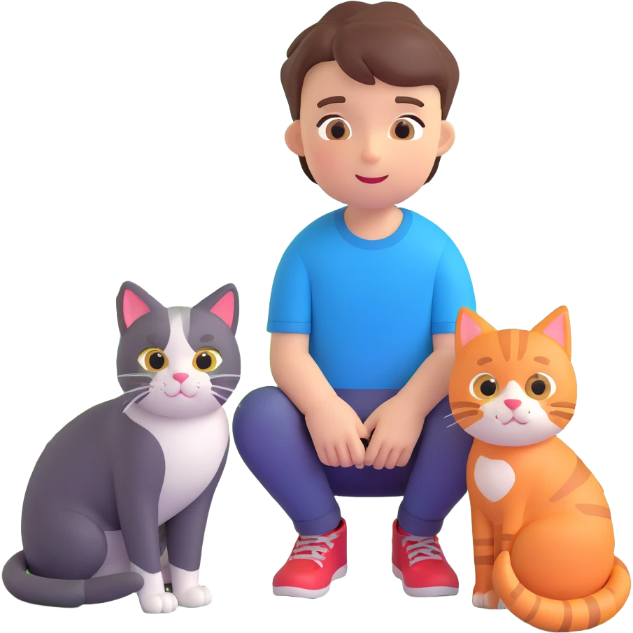 boy and cat pet in forrest background, close up pose emoji