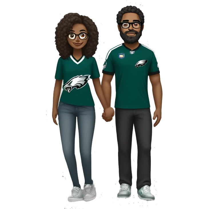 Brown guy with beard mustache and brown girl with glasses and her hair in a bun in Philadelphia eagles clothes holding hands emoji