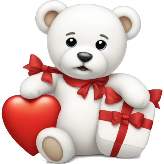white teddy with a red heart and a red bow around his neck emoji