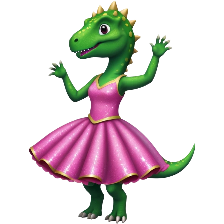 dino in a pink sparkly dress, dancing emoji