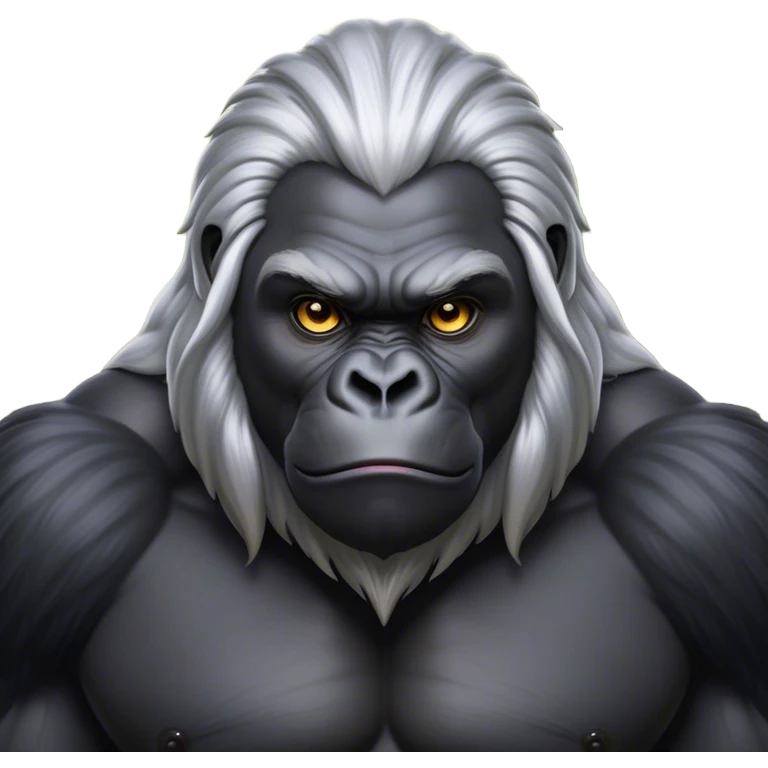 Cinematic Noble mountain Gorilla Portrait Emoji, Poised and majestic, with a powerful, muscular frame accentuated by a distinguished silver mane and piercing, wise eyes, Simplified yet sharp and sophisticated features, highly detailed, glowing with a soft, regal jungle glow, high shine, intelligent and commanding, stylized with an air of imperial strength, focused and resolute, soft glowing outline, capturing the essence of a watchful guardian that feels as though it could step out of the screen with effortless authority! emoji