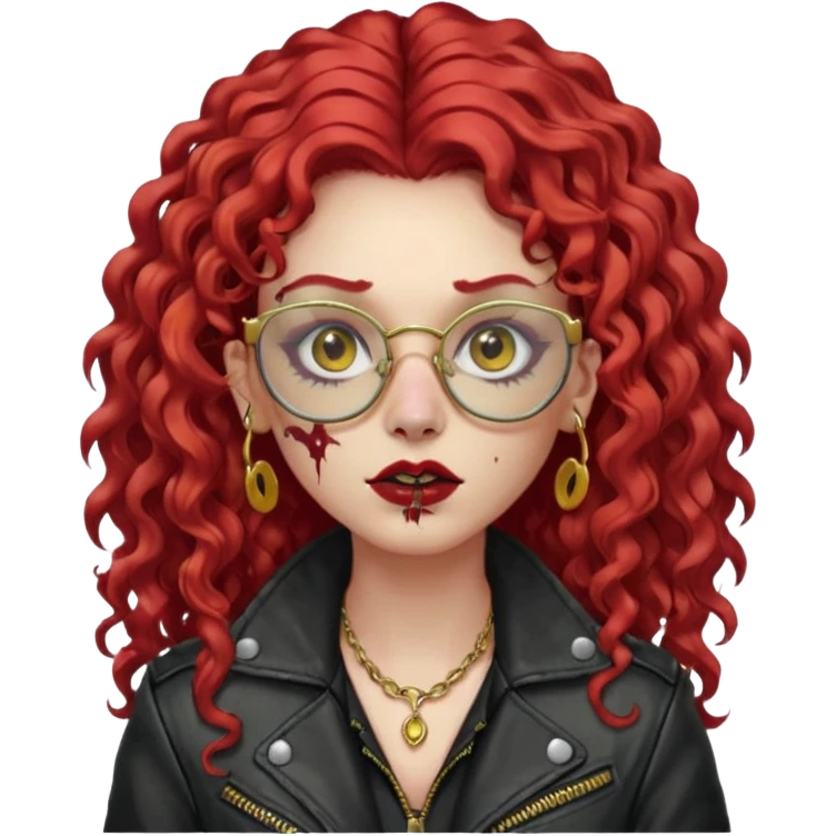 nonchalant zombie with long red curly hair, thick lashes, black square glasses, gold nose piercings on each side of her nose, and a gold eyebrow piercing. emoji
