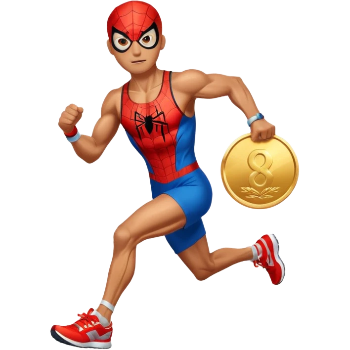 spiderman picking running a marathon with gold medal emoji