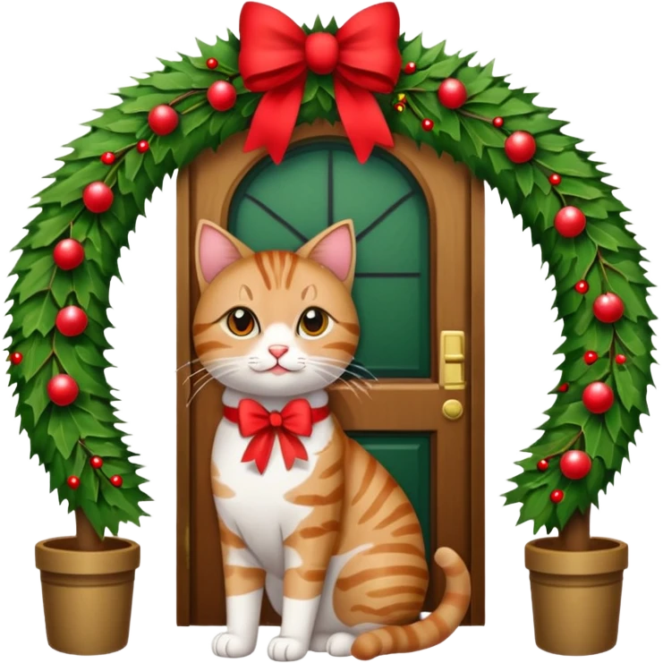 A door with a cat in front of it with h christmas elements emoji