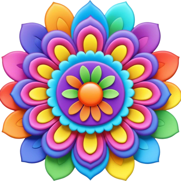 3D, psychedelic rainbow colored label with hippie style flower border emoji