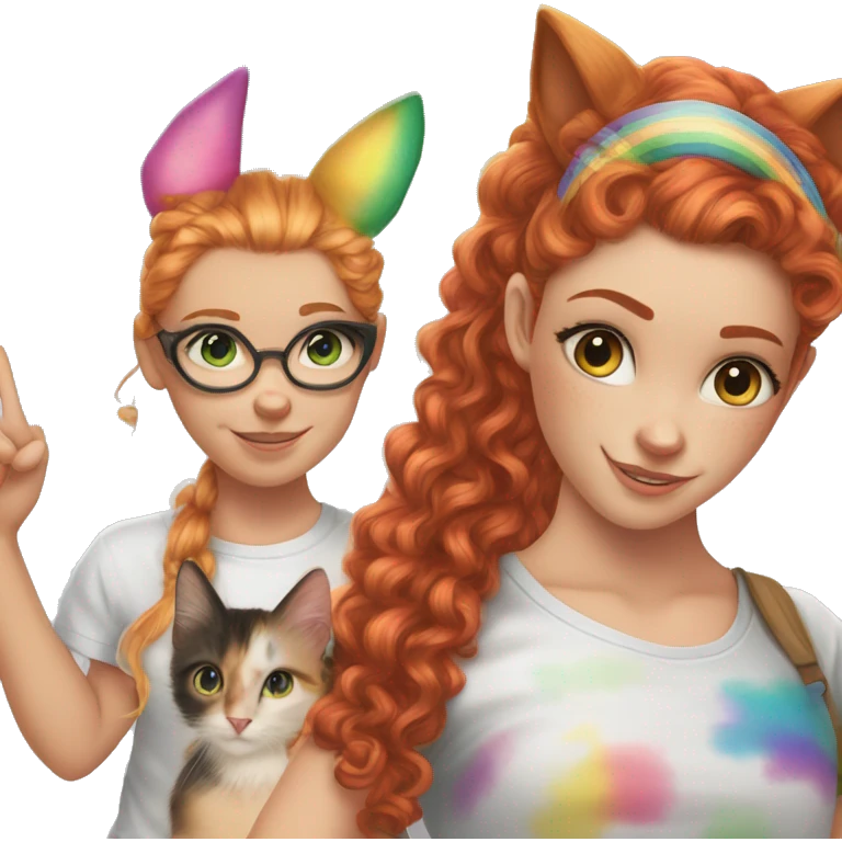 a white girl with long red curly hair in a pony tail with rainbow shirt does peace sign wearing cat ears one black other white emoji