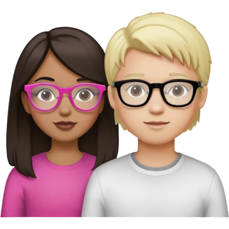 Girl with Dark Brown Hair, Pink glasses, And a mixed skin tone. Boy with white skin tone, Blonde Hair and black glasses  emoji