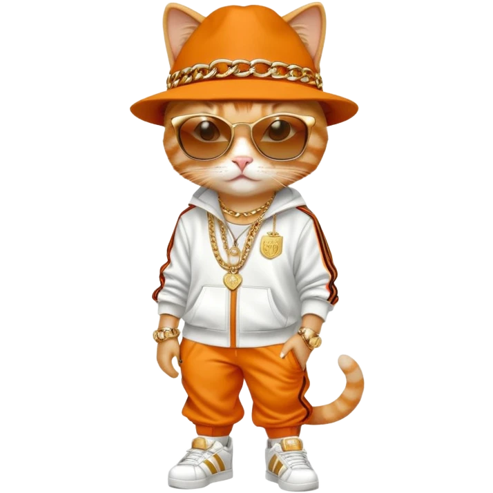 female cat dressed like Run DMC with tracksuit, fedora, Adidas shoes, dark sunglasses, lots of gold chains, rings, bracelets, earrings, upright emoji