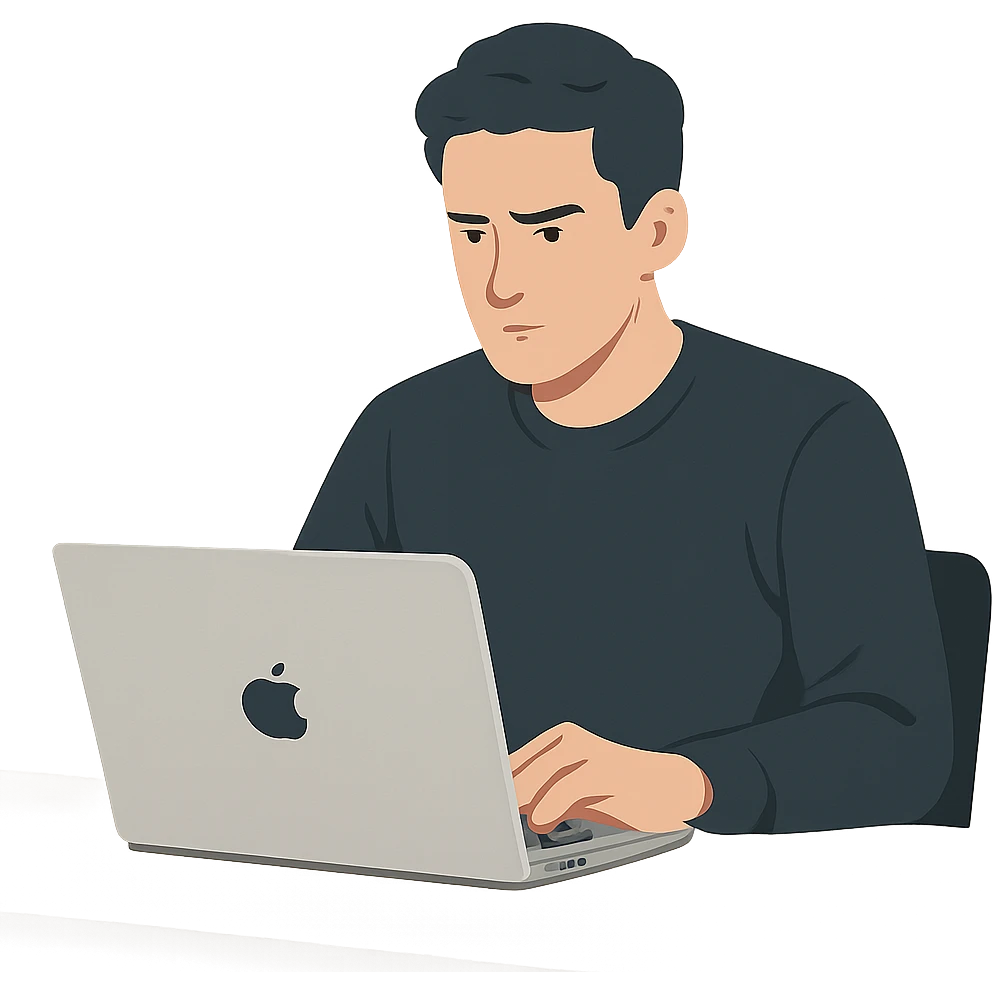 a person working on their MacBook, modern environment, concentrated expression, minimalist desk, digital clean illustration style, no background emoji