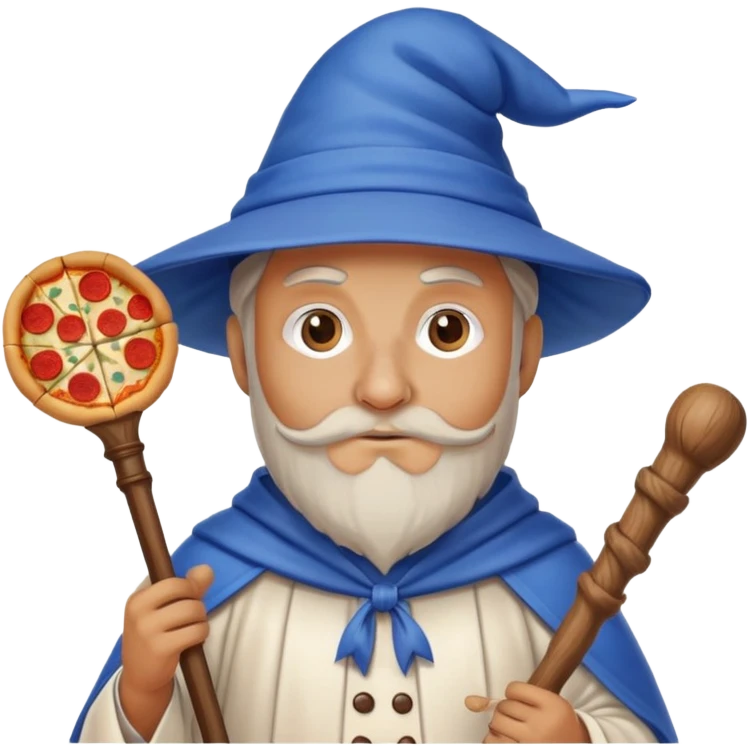 pizza wizard with wooden staff and blue hat emoji