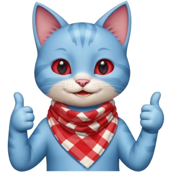 A Baby Blue Cat smiling and giving thumbs up, wearing red Checkered Triangle scarf emoji