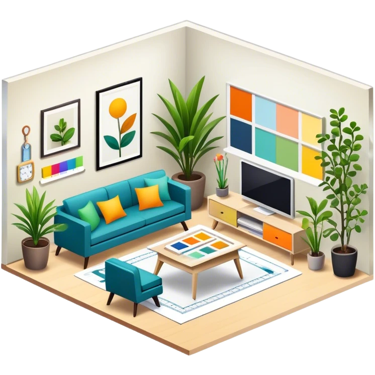 Icon for Interior Design: a modern room layout with furniture, plants, and decor items, with a color palette and design tools like a ruler and measuring tape. The icon should represent creativity, space planning, and aesthetic design. Transparent background. emoji
