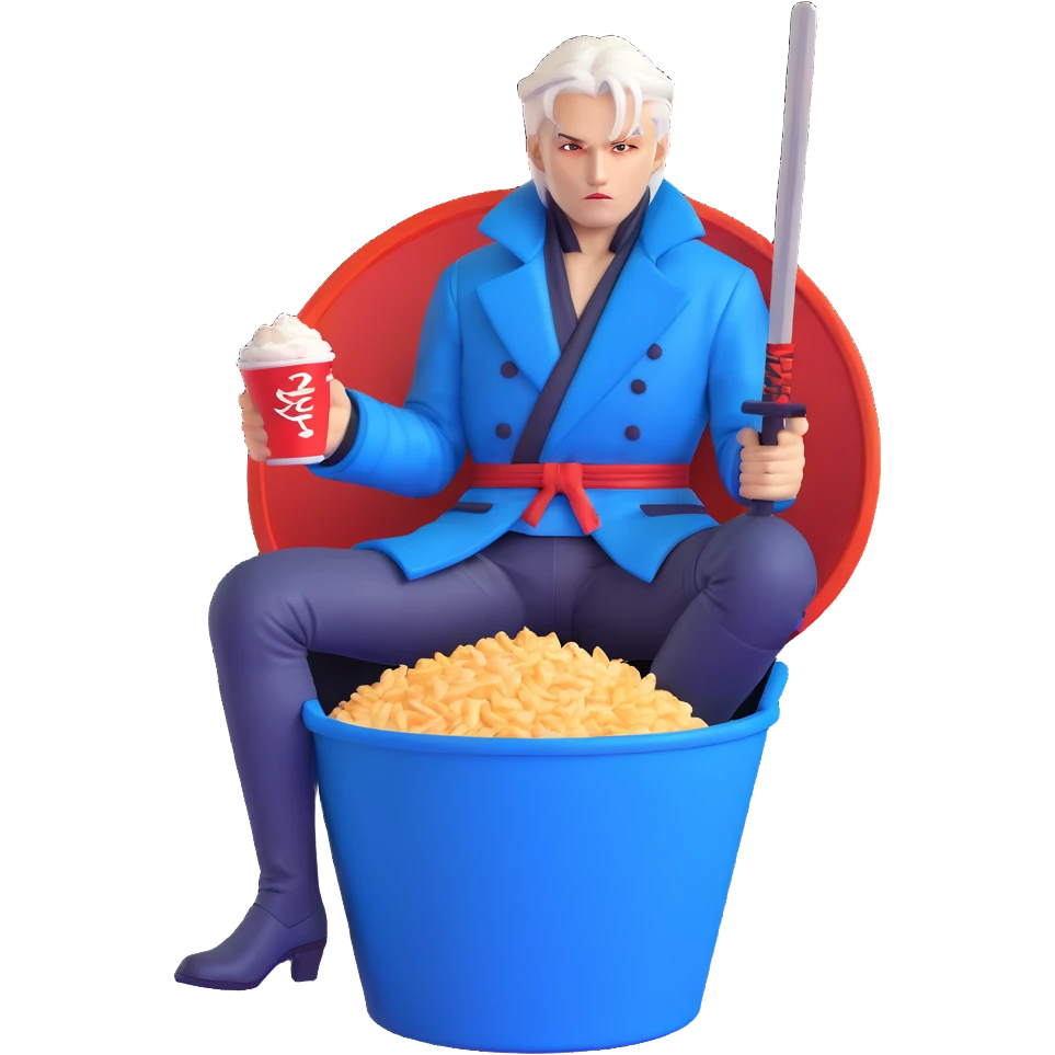 Vergil from Devil May Cry sitting in a KFC bucket, blue coat, white hair, katana emoji