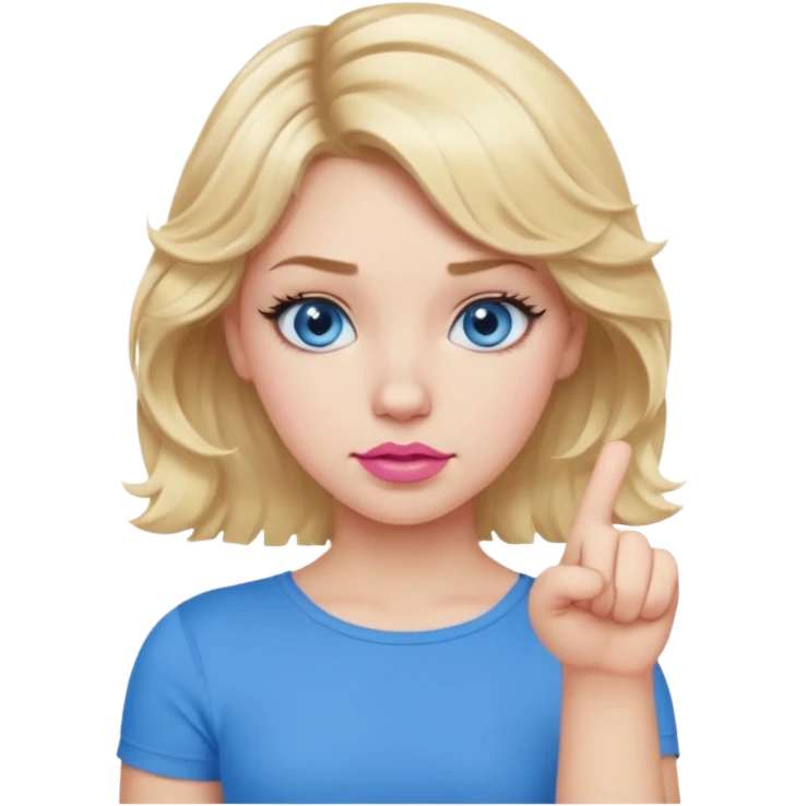 Girl Blonde short wavy hair,  blue eyes, cute blue top, long lashes, pink lips, thumbs down 👎  emoji