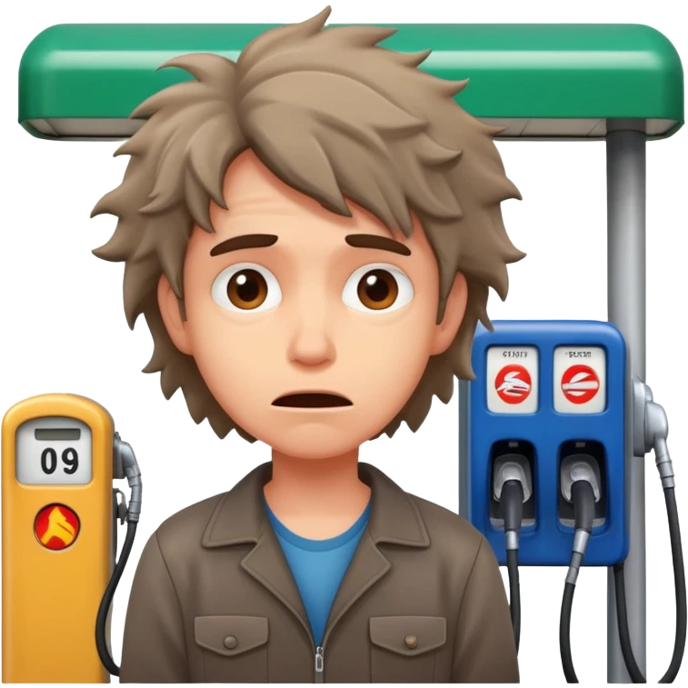 Disheveled person with anxious expression at a gas station pump emoji