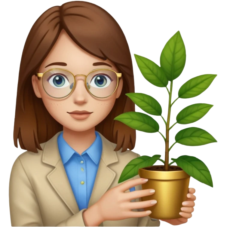 Girl with light skin, brown hair, blue eyes, freckles, and gold glasses holding plant emoji