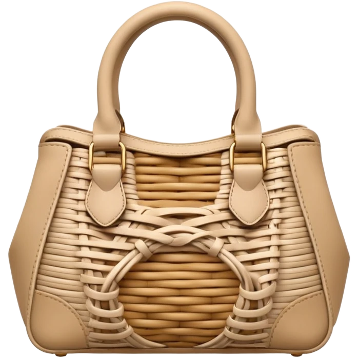 A 3D cartoon woven handbag with interlaced fiber details, neutral tones, Memoji-style realism. emoji