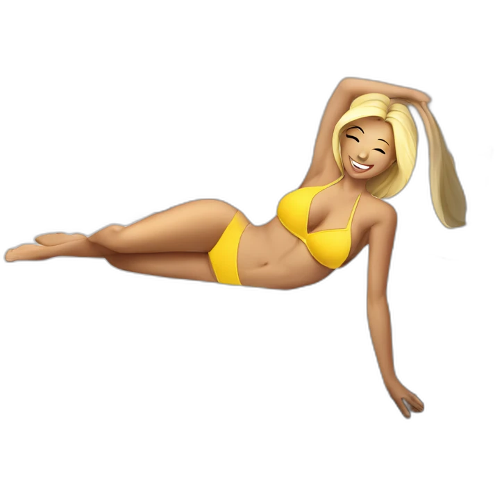 Sexy pose soft-fit Caucasian woman yellow bikini (beach body) bed emoji