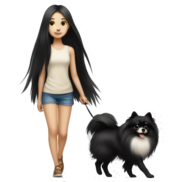 pale girl with long black hair walking with pomeranian emoji