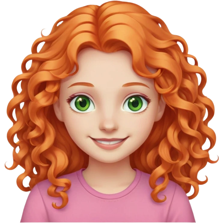 smiling pale girl with long curly orange hair, green eyes, pink shirt emoji