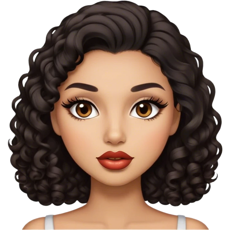 Glamourous, light brown skin tone, very beautiful woman, with big plump lips, long long lashes, black curly smooth short hair, straight parting hair, brown eyes emoji