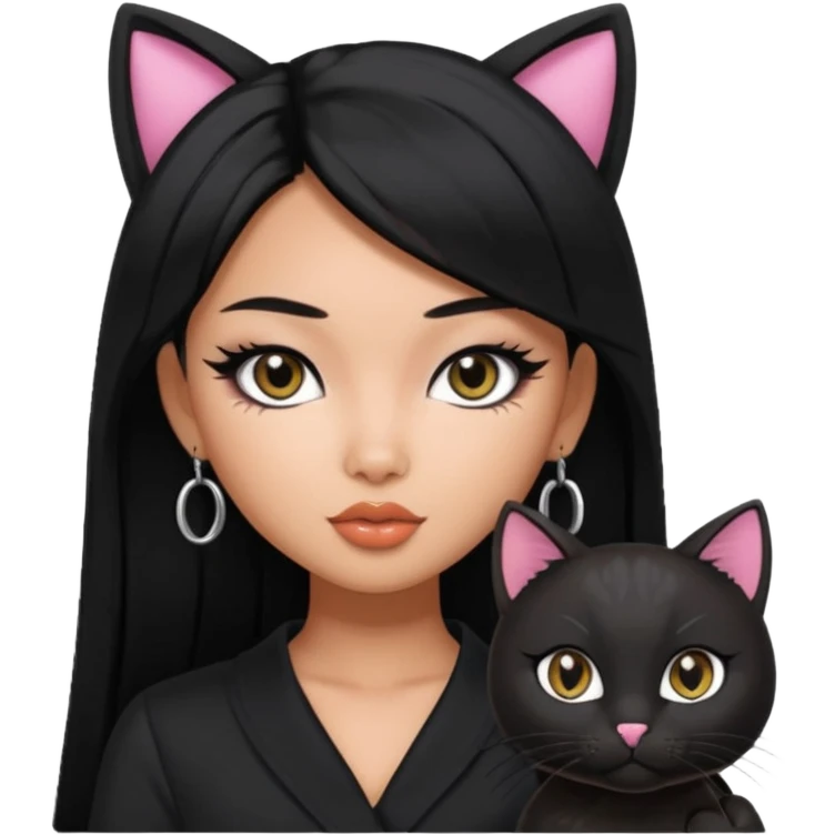 asian tanned beauty standard, black hair, pretty bratz baddie, black eyeliner and black cat emoji