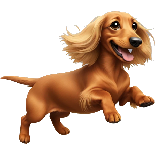 Longhaired dachshund running over a rainbow emoji