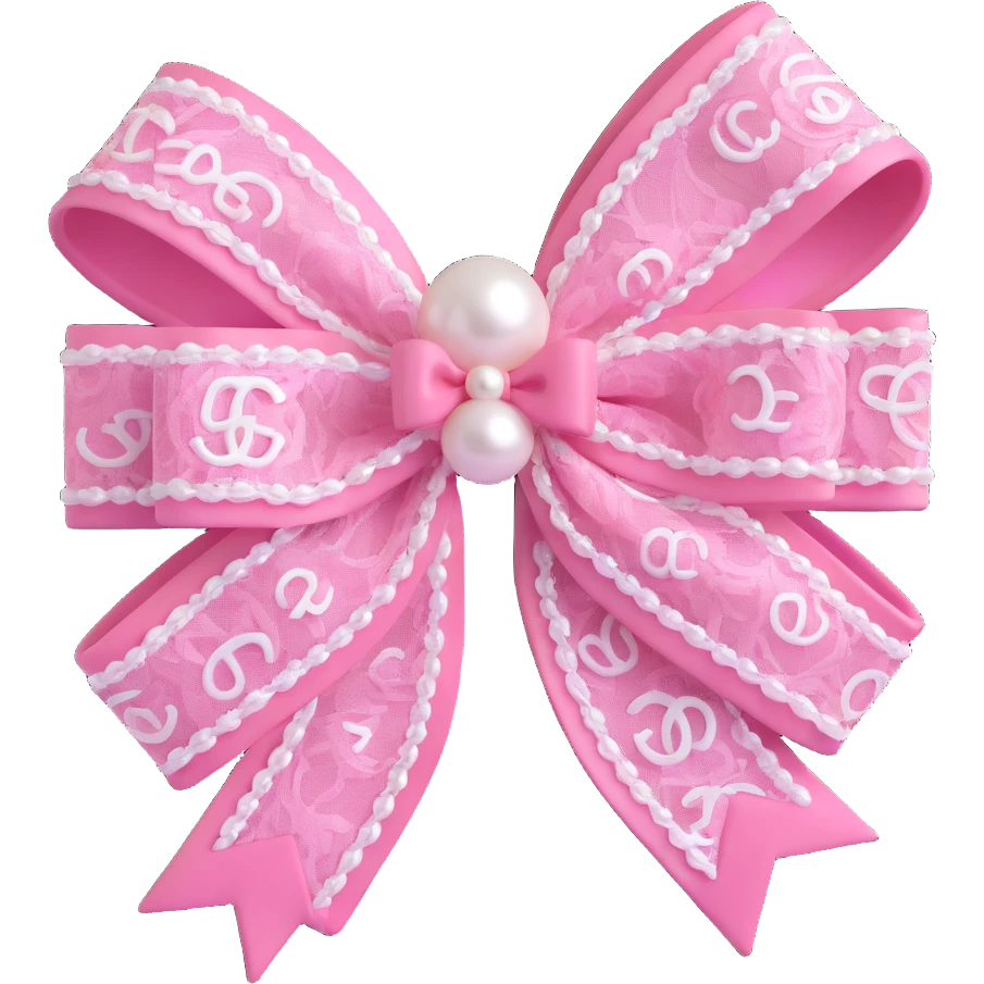 Change the double-layered lace bow to pink, keep pearls and white Chanel logo, elegant, glossy, black and white, 3D emoji style, with no background emoji