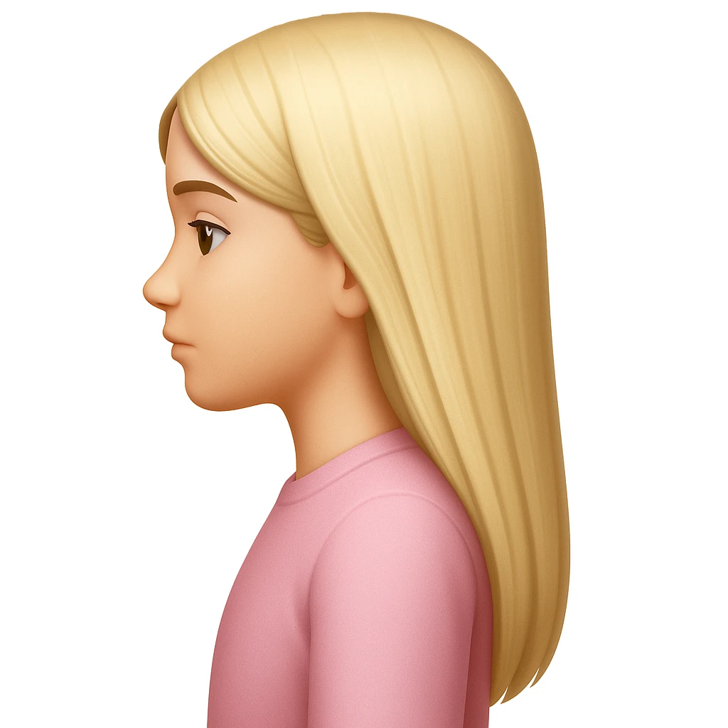 Create an image of a girl in light pink clothes, blonde with long straight hair, side view, matching the pose and style of the reference image. The style should emulate the Apple emoji style as closely as possible. emoji