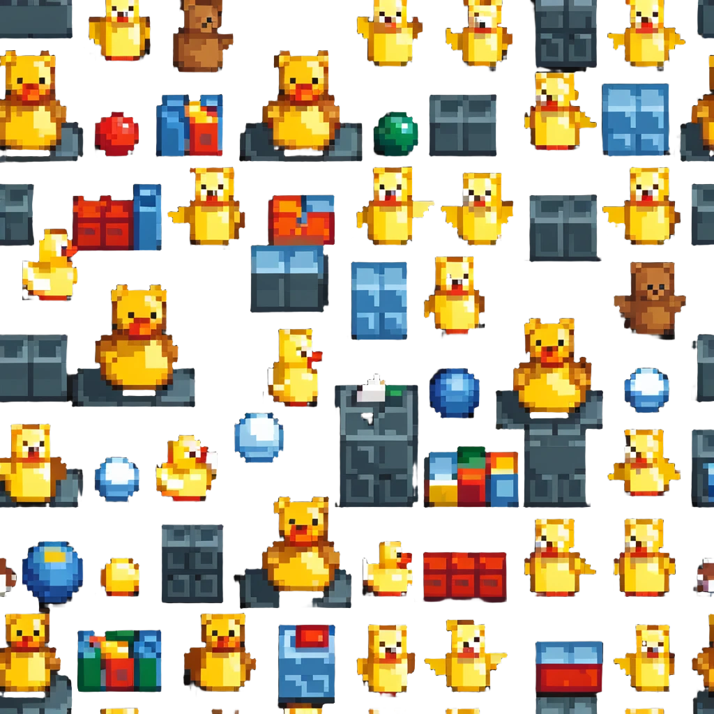 toy collection scattered - teddy bear, rubber duck, building blocks, ball, action figures emoji
