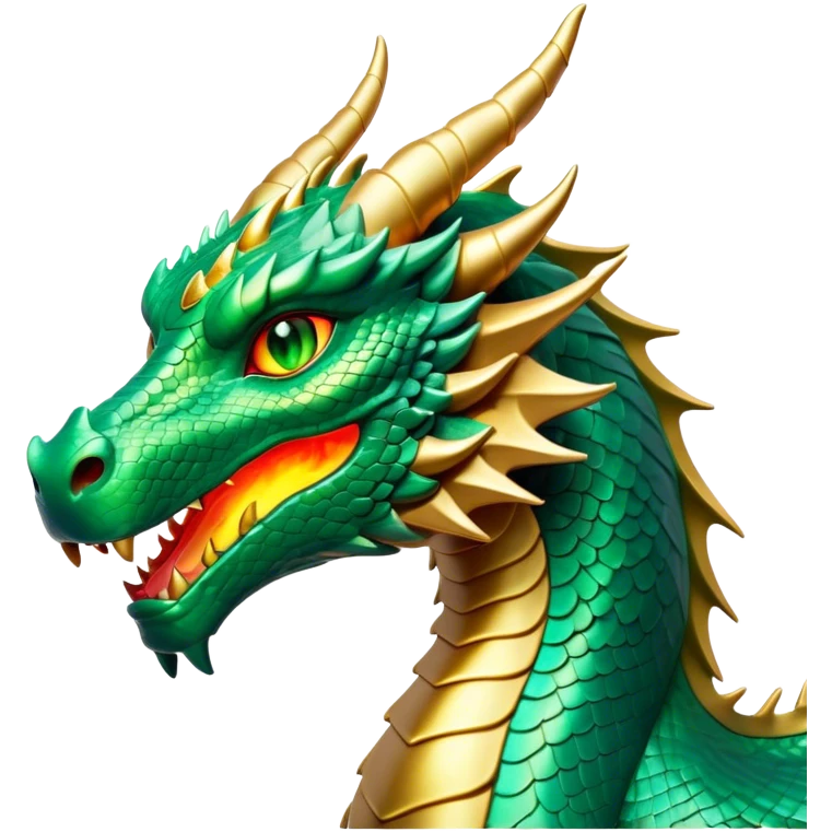 Cinematic Noble Dragon Portrait Emoji, Poised and majestic, with a sinuous, elongated build and shimmering, scale-covered skin in hues of emerald and gold, piercing, fiery eyes, Simplified yet sharp and sophisticated features, highly detailed, glowing with a mystical, radiant glow, high shine, intelligent and formidable, stylized with an air of ancient power, focused and attentive, soft glowing outline, capturing the essence of a watchful and legendary dragon that feels as though it could soar out of the screen with effortless authority! emoji