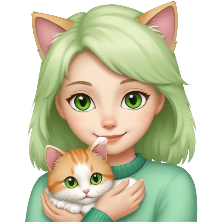 girl holding cat and smiling,cat’s eyes are green emoji