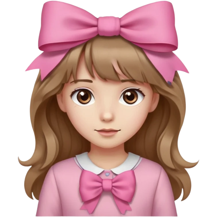 girl, fair skin, long wavy hair with straight bangs, light brown eyes and pink clothing, with a bow on her head emoji