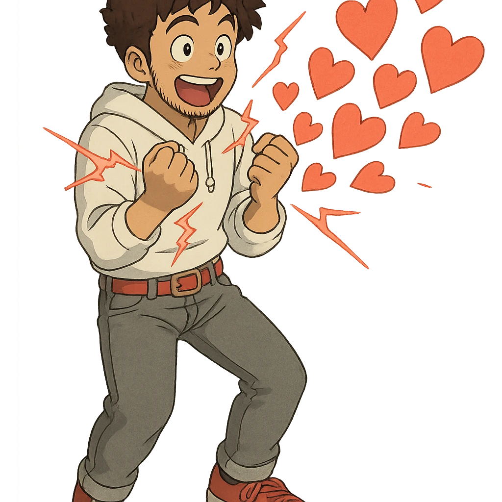 a burst of heart shapes that fits the theme: 1 male, mid fade haircut dark chestnut brown curly hair, toasted lightskin, white hoodie sleeves up, gray fashion jeans, red fashion-sneakers shoes, red belt, short trimmed beard and goatee,  style of deku from "my hero academia",  doing a "i adore that!" exclaimation pose with red electricity, emoji