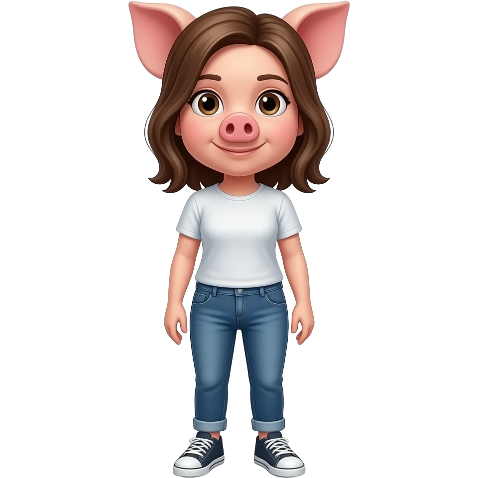 25 year old female pig  stand  straight wear tshirt and jeans sneakers emoji