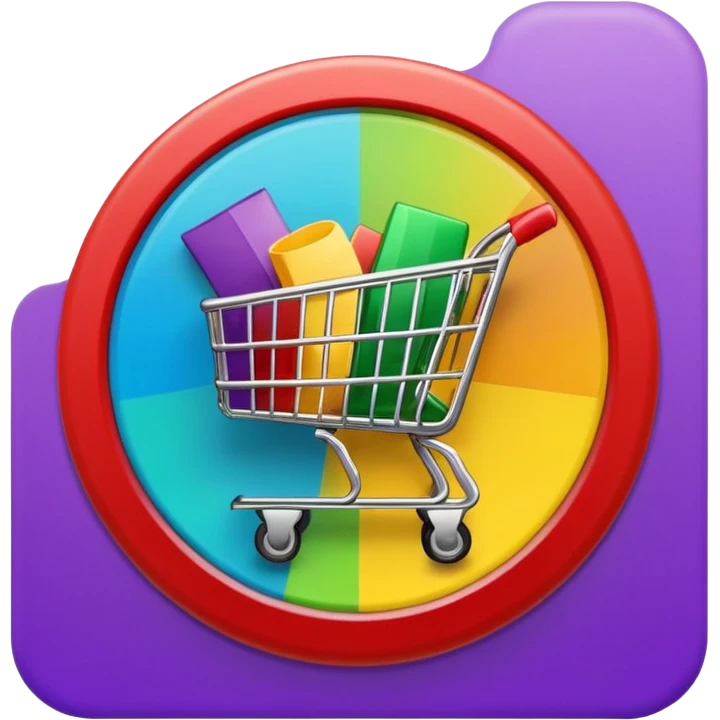 Create a round sticker with a dark black background inside the circle, dynamic edges that smoothly transition step-by-step from green to yellow to red to purple, a small shopping cart icon in the center, the title text ‘New stock soon’, where the word ‘soon’ is blinking in bright blue color.” emoji