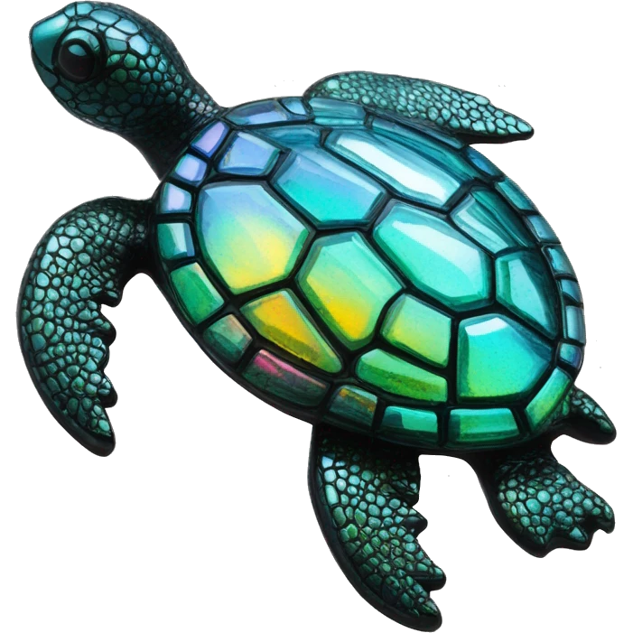 Sparkling Turtle made from kaleidoscopic crystalline rainbow oilslick cyan glass, stained glass art emoji